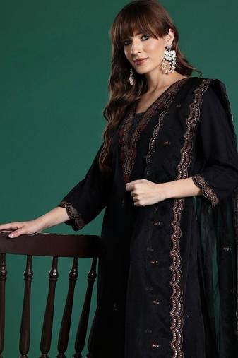 Women Ethnic Motifs Embroidered Regular Thread Work Kurta with Palazzos & With Dupatta