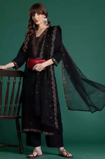 Women Ethnic Motifs Embroidered Regular Thread Work Kurta with Palazzos & With Dupatta