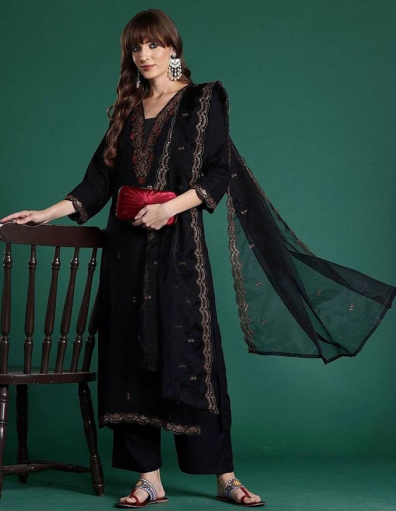 Women Ethnic Motifs Embroidered Regular Thread Work Kurta with Palazzos & With Dupatta