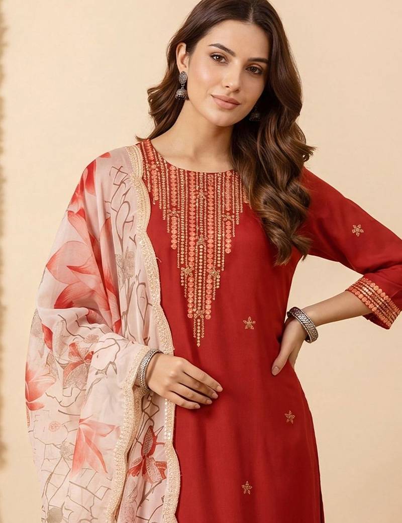 Women Floral Embroidered Regular Thread Work Kurta with Trousers & With Dupatta