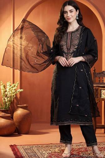 Women Ethnic Motifs Embroidered Regular Thread Work  Cotton Kurta with Trousers & With Dupatta