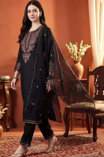 Women Ethnic Motifs Embroidered Regular Thread Work Pure Cotton Kurta with Trousers & With Dupatta
