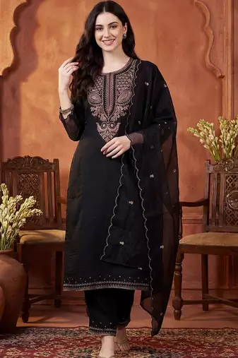 Women Ethnic Motifs Embroidered Regular Thread Work Pure Cotton Kurta with Trousers & With Dupatta
