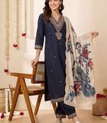 Ethnic Motifs Embroidered Regular Thread Work Kurta with Patiala & With Dupatta