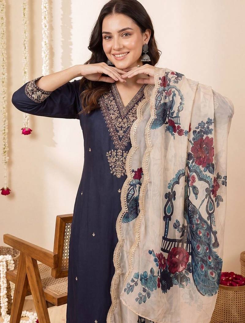 Ethnic Motifs Embroidered Regular Thread Work Kurta with Patiala & With Dupatta