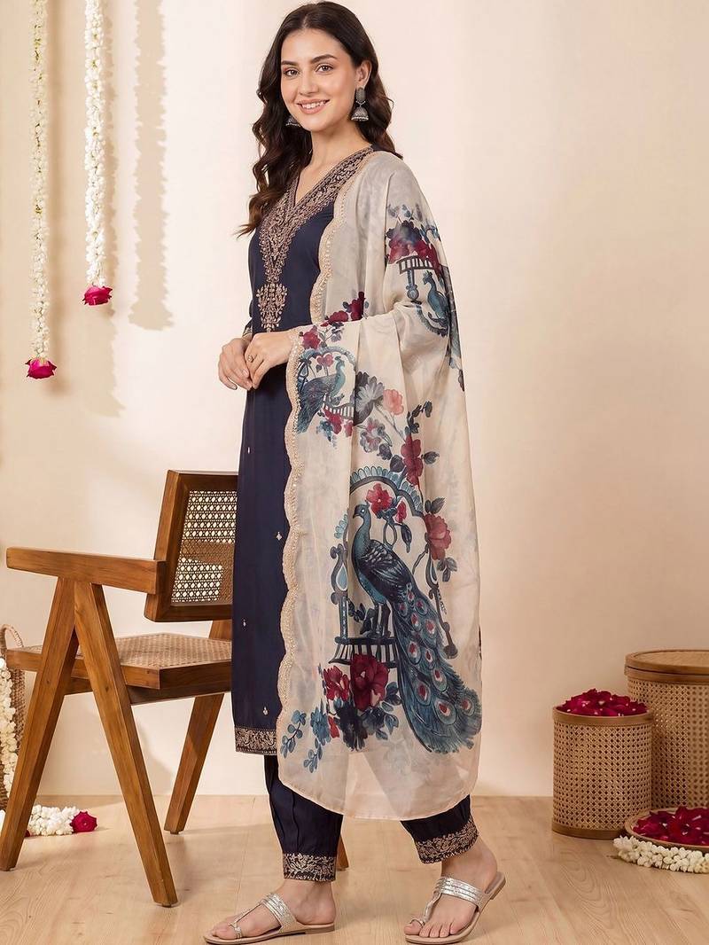 Ethnic Motifs Embroidered Regular Thread Work Kurta with Patiala & With Dupatta