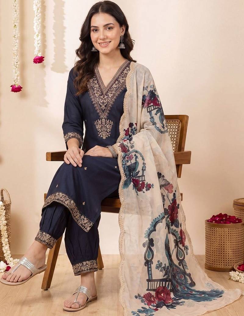 Ethnic Motifs Embroidered Regular Thread Work Kurta with Patiala & With Dupatta