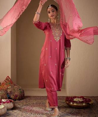 Women Ethnic Motifs Embroidered Regular Thread Work Kurta with Trousers & With Dupatta 1