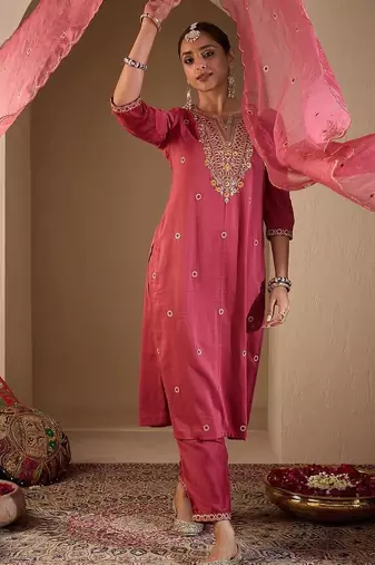 Women Ethnic Motifs Embroidered Regular Thread Work Kurta with Trousers & With Dupatta