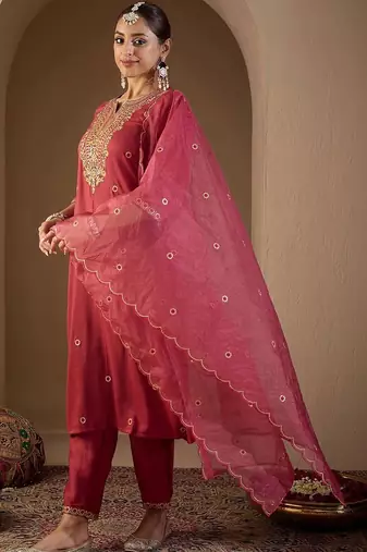 Women Ethnic Motifs Embroidered Regular Thread Work Kurta with Trousers & With Dupatta
