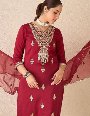 Women Ethnic Motifs Embroidered Regular Kurta with Trousers & With Dupatta 4