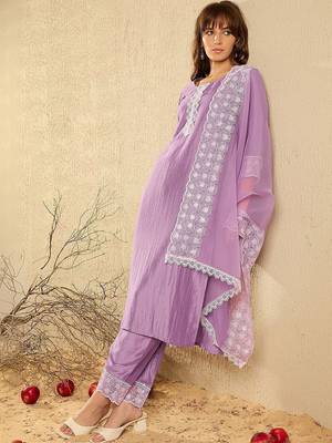 Women Regular Chikankari Kurta with Trousers & With Dupatta 1