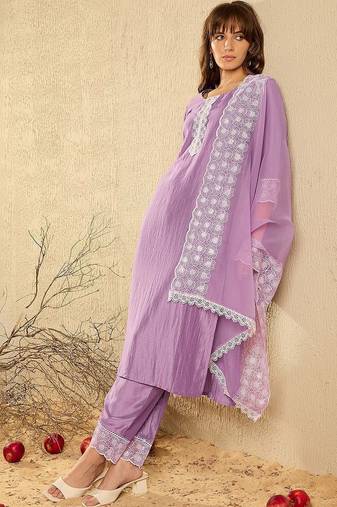 Women Regular Chikankari Kurta with Trousers & With Dupatta