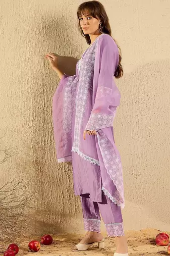 Women Regular Chikankari Kurta with Trousers & With Dupatta
