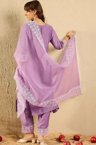 Women Regular Chikankari Kurta with Trousers & With Dupatta