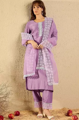 Women Regular Chikankari Kurta with Trousers & With Dupatta
