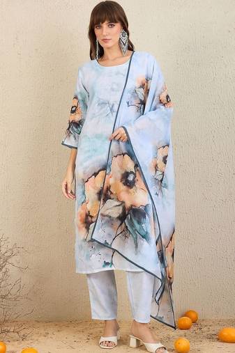 Women Floral Printed Regular Chanderi Silk Kurta with Trousers & With Dupatta