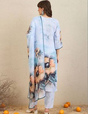 Women Floral Printed Regular Chanderi Silk Kurta with Trousers & With Dupatta 5