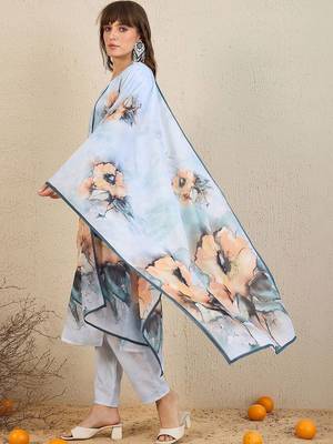 Women Floral Printed Regular Chanderi Silk Kurta with Trousers & With Dupatta 6