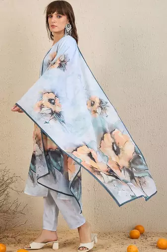 Women Floral Printed Regular Chanderi Silk Kurta with Trousers & With Dupatta