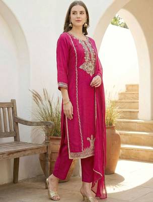 Women Ethnic Motifs Embroidered Regular Kurta with Trousers & With Dupatta 1