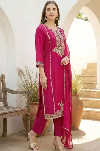 Women Ethnic Motifs Embroidered Regular Kurta with Trousers & With Dupatta