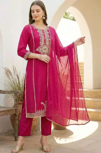 Women Ethnic Motifs Embroidered Regular Kurta with Trousers & With Dupatta