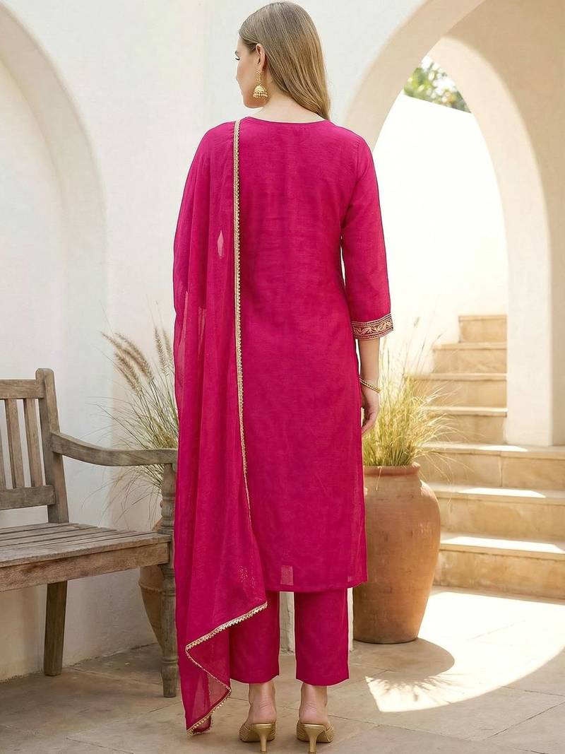 Women Ethnic Motifs Embroidered Regular Kurta with Trousers & With Dupatta