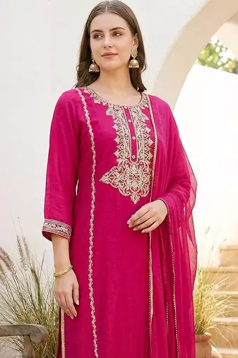 Women Ethnic Motifs Embroidered Regular Kurta with Trousers & With Dupatta