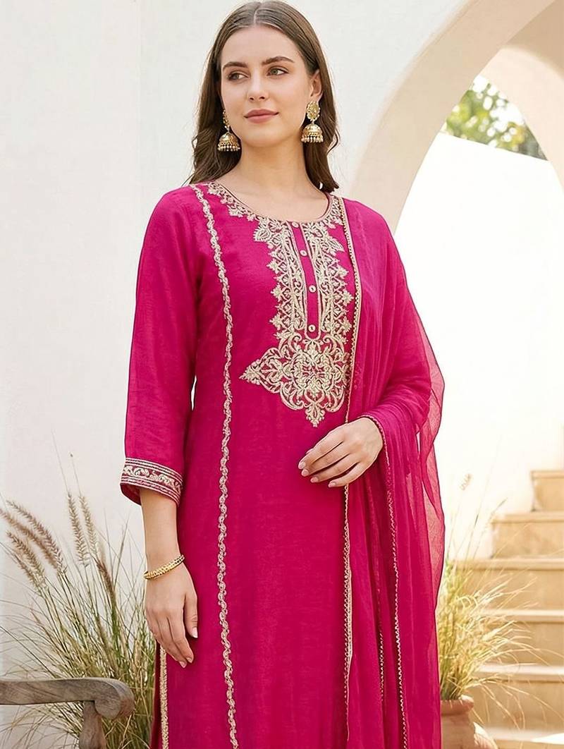 Women Ethnic Motifs Embroidered Regular Kurta with Trousers & With Dupatta