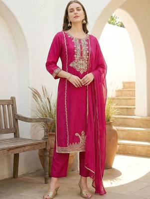 Women Ethnic Motifs Embroidered Regular Kurta with Trousers & With Dupatta 6