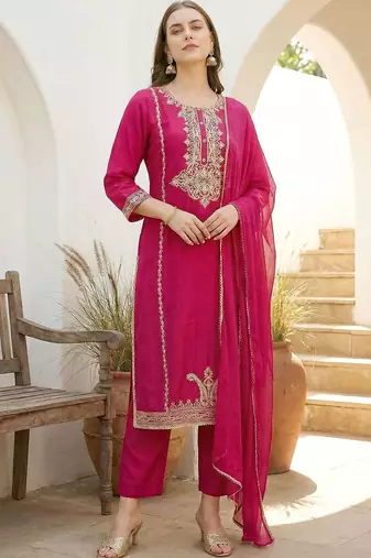 Women Ethnic Motifs Embroidered Regular Kurta with Trousers & With Dupatta