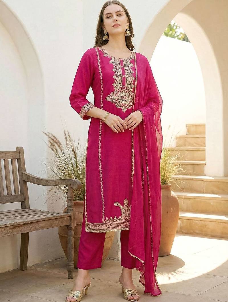Women Ethnic Motifs Embroidered Regular Kurta with Trousers & With Dupatta