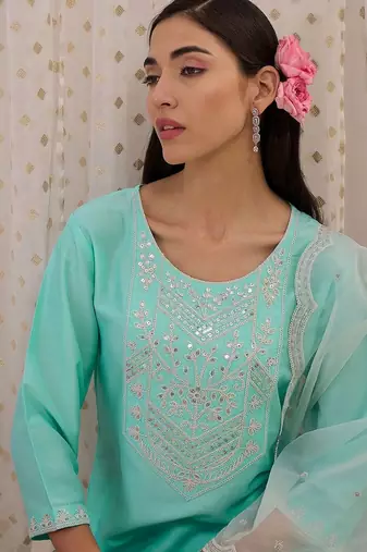 Women Ethnic Motifs Embroidered Regular Sequinned Kurta with Trousers & With Dupatta
