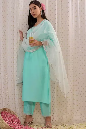 Women Ethnic Motifs Embroidered Regular Sequinned Kurta with Trousers & With Dupatta