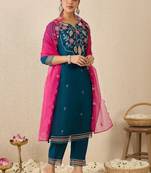 Women Floral Embroidered Regular Thread Work Kurta with Trousers & With Dupatta