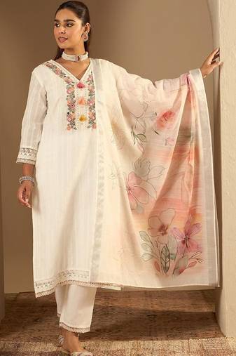 Women Floral Embroidered Regular Mirror Work Pure Cotton Kurta with Trousers & With Dupatta