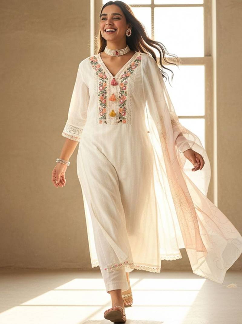 Women Floral Embroidered Regular Mirror Work Pure Cotton Kurta with Trousers & With Dupatta