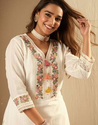 Women Floral Embroidered Regular Mirror Work Pure Cotton Kurta with Trousers & With Dupatta 5