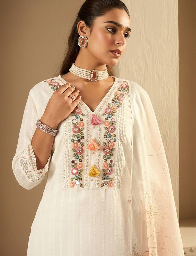 Women Floral Embroidered Regular Mirror Work Pure Cotton Kurta with Trousers & With Dupatta