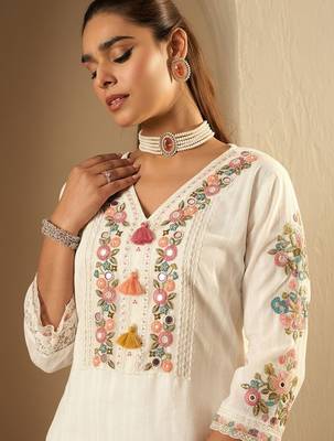 Women Floral Embroidered Regular Mirror Work Pure Cotton Kurta with Trousers & With Dupatta 7