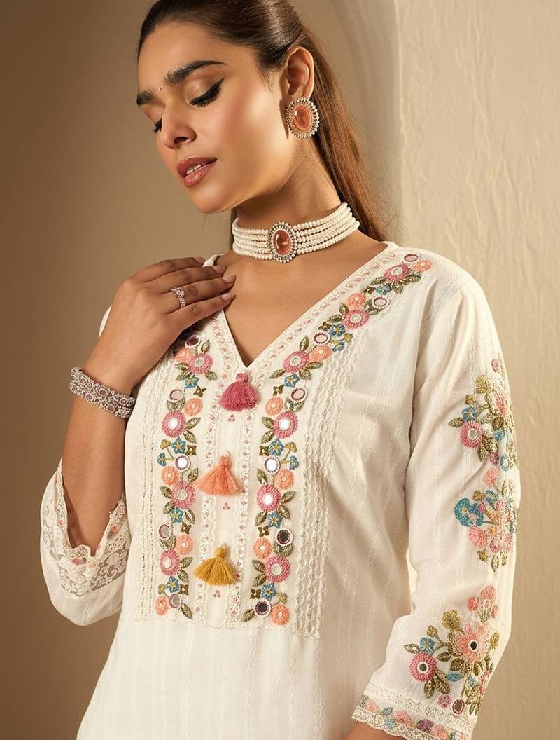 Women Floral Embroidered Regular Mirror Work Pure Cotton Kurta with Trousers & With Dupatta