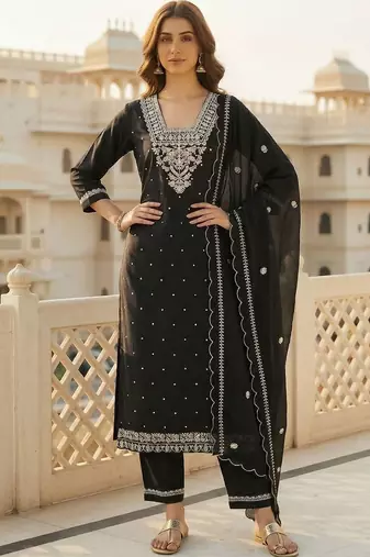 Women Ethnic Motifs Embroidered Regular Thread Work Pure Cotton Kurta with Trousers & With Dupatta