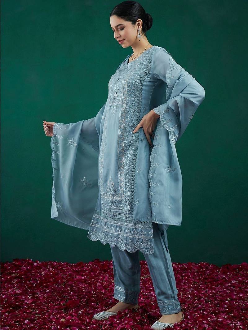 Women Ethnic Motifs Embroidered Regular Thread Work Kurta with Trousers & With Dupatta