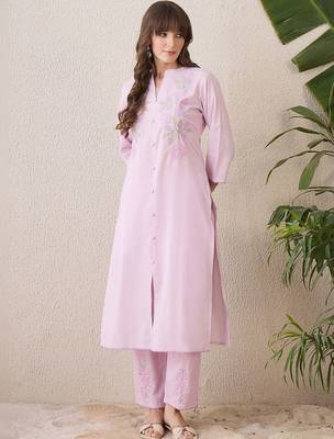 Women Floral Embroidered Regular Thread Work Pure Cotton Kurta with Trousers 1