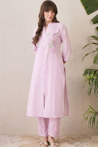 Women Floral Embroidered Regular Thread Work Pure Cotton Kurta with Trousers