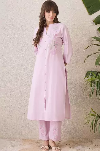 Women Floral Embroidered Regular Thread Work Pure Cotton Kurta with Trousers