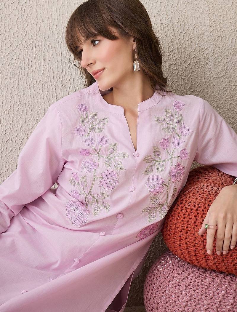 Women Floral Embroidered Regular Thread Work Pure Cotton Kurta with Trousers