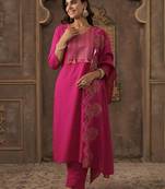 Women Ethnic Motifs Embroidered Regular Thread Work Pure Cotton Kurta with Trousers & With Dupatta