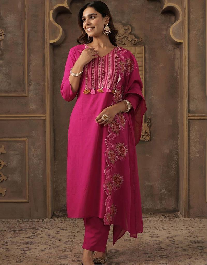 Women Ethnic Motifs Embroidered Regular Thread Work Pure Cotton Kurta with Trousers & With Dupatta